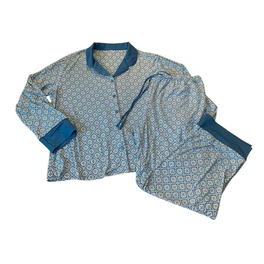 Flora Nikrooz Blue Medallion Pajama Set XL 2-Piece Knit Top & Pants Geometric